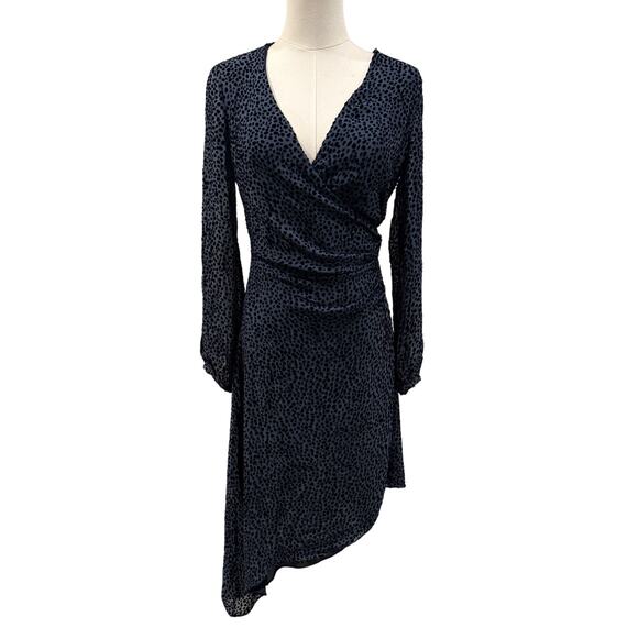 Intermix Silk Blend Velvet Wrap Dress Navy Blue Asymmetrical Whimsigoth 2 Luxe - Picture 1 of 8